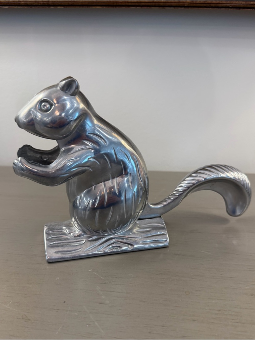 Squirrel Nutcracker Mechanical Cast Aluminum Silver Metal Figural Nut Cracker